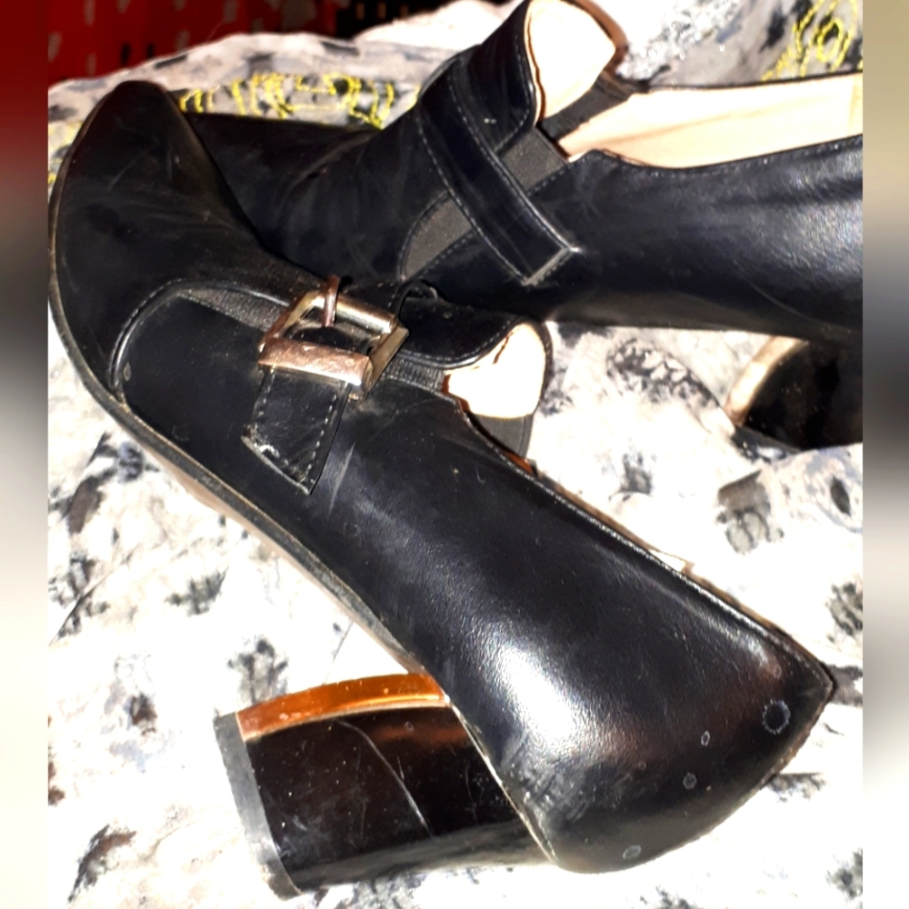 Black pleather, mirror heels